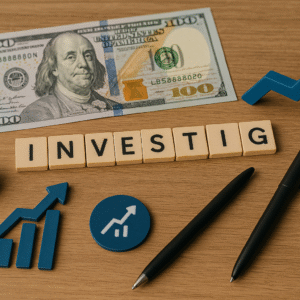 Investment concept with financial tools and symbols representing long-term wealth growth, created for BudgetTap finance blog.